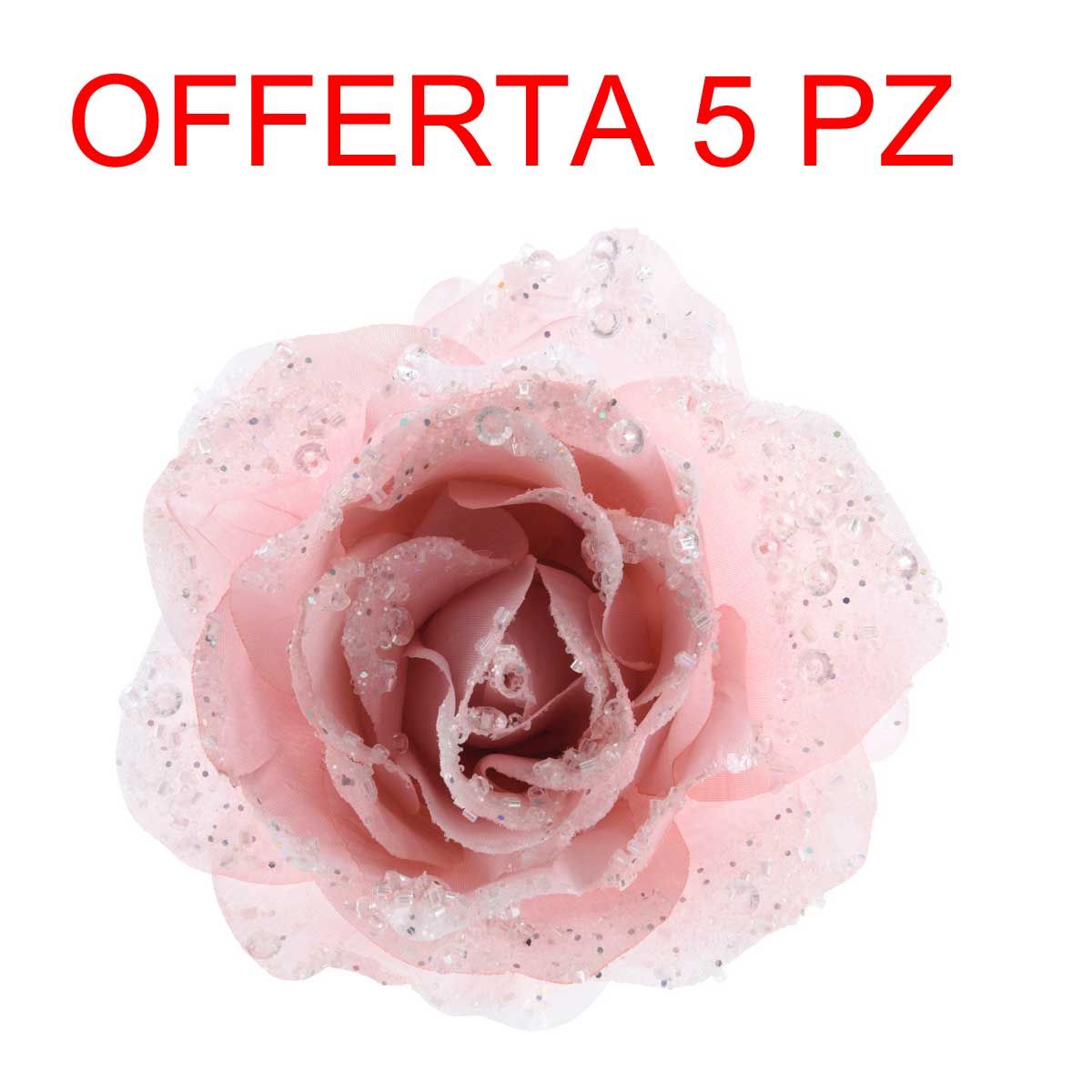 OFFERTA 5 ROSE GLITTER CON CLIP 14X8,5CM ROSA - Fiori Natalizi Peragashop